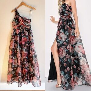 Black Floral Organza One-Shoulder Maxi Dress